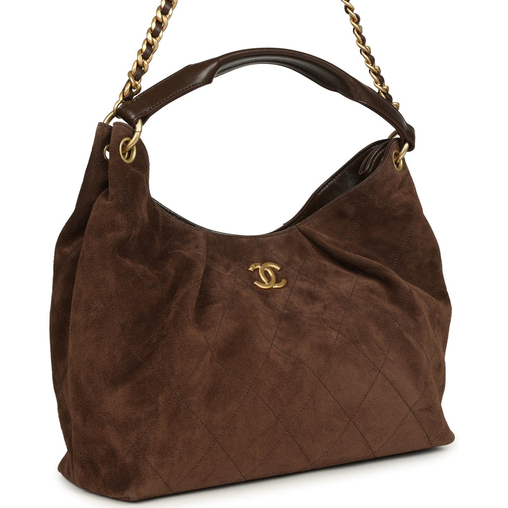 Maxi Hobo Bag Dark Brown Suede Antique Gold Hardware