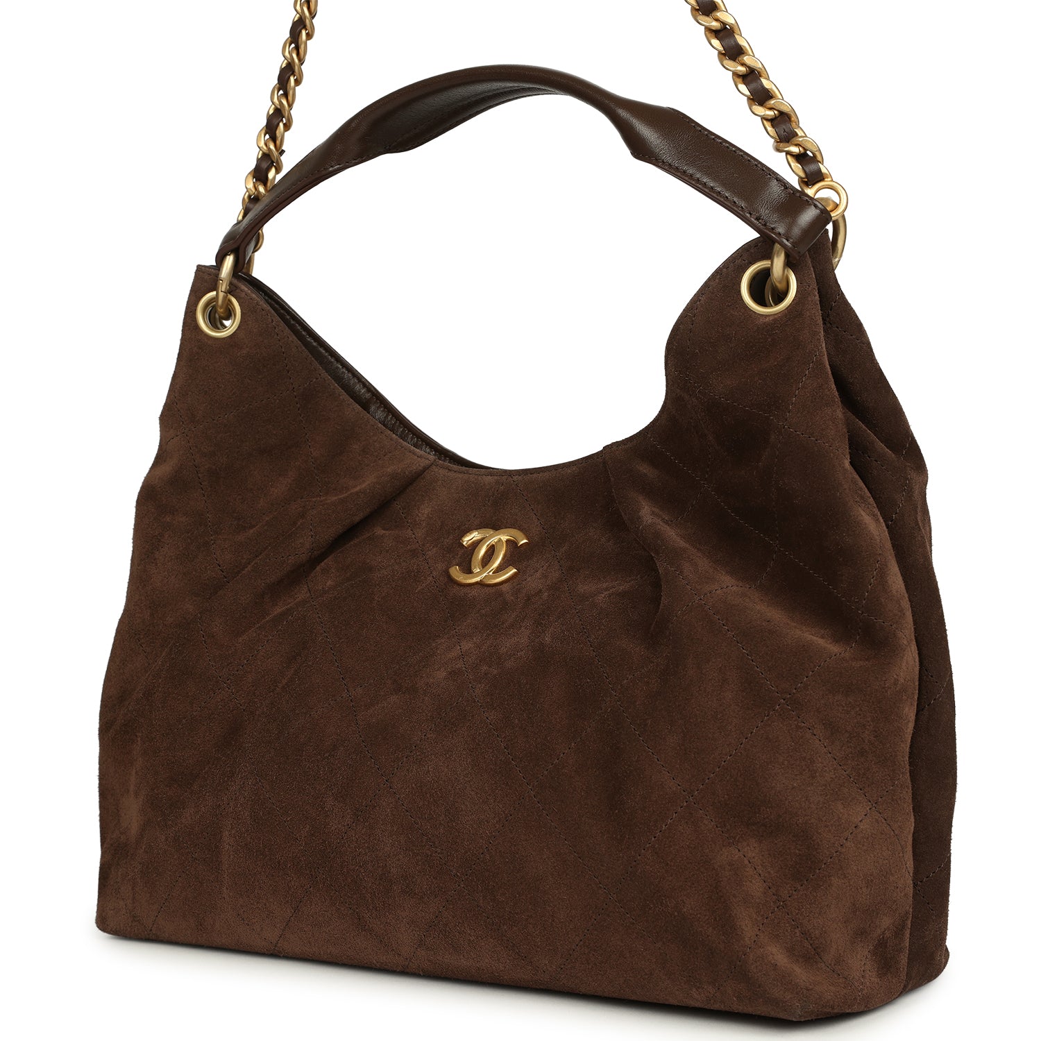 Maxi Hobo Bag Dark Brown Suede Antique Gold Hardware