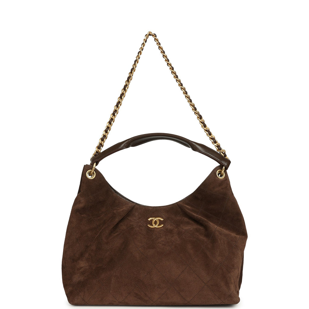 Maxi Hobo Bag Dark Brown Suede Antique Gold Hardware