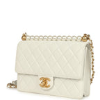 Small Chic Pearls Flap Bag White Calfskin Antique Gold Hardware