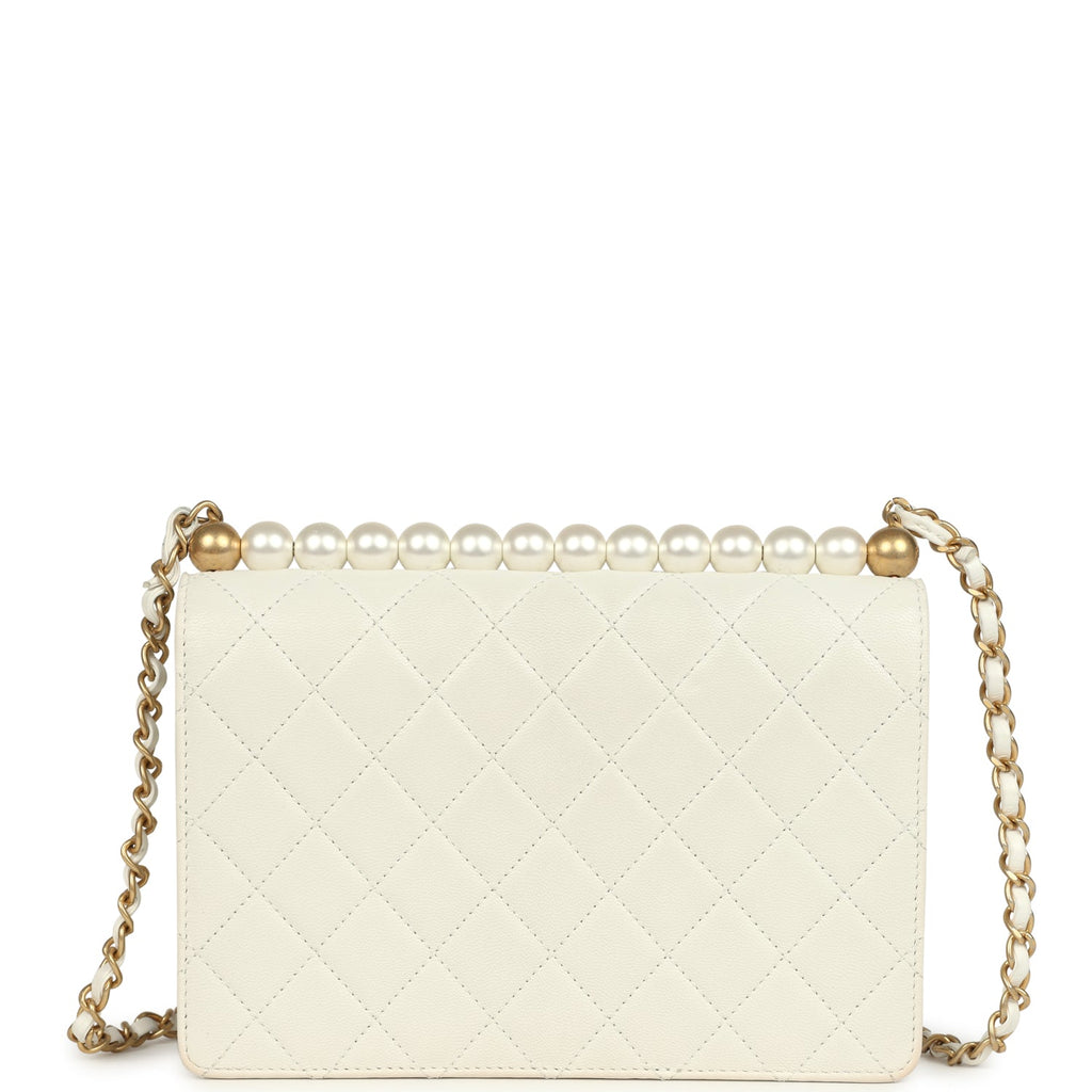 Small Chic Pearls Flap Bag White Calfskin Antique Gold Hardware