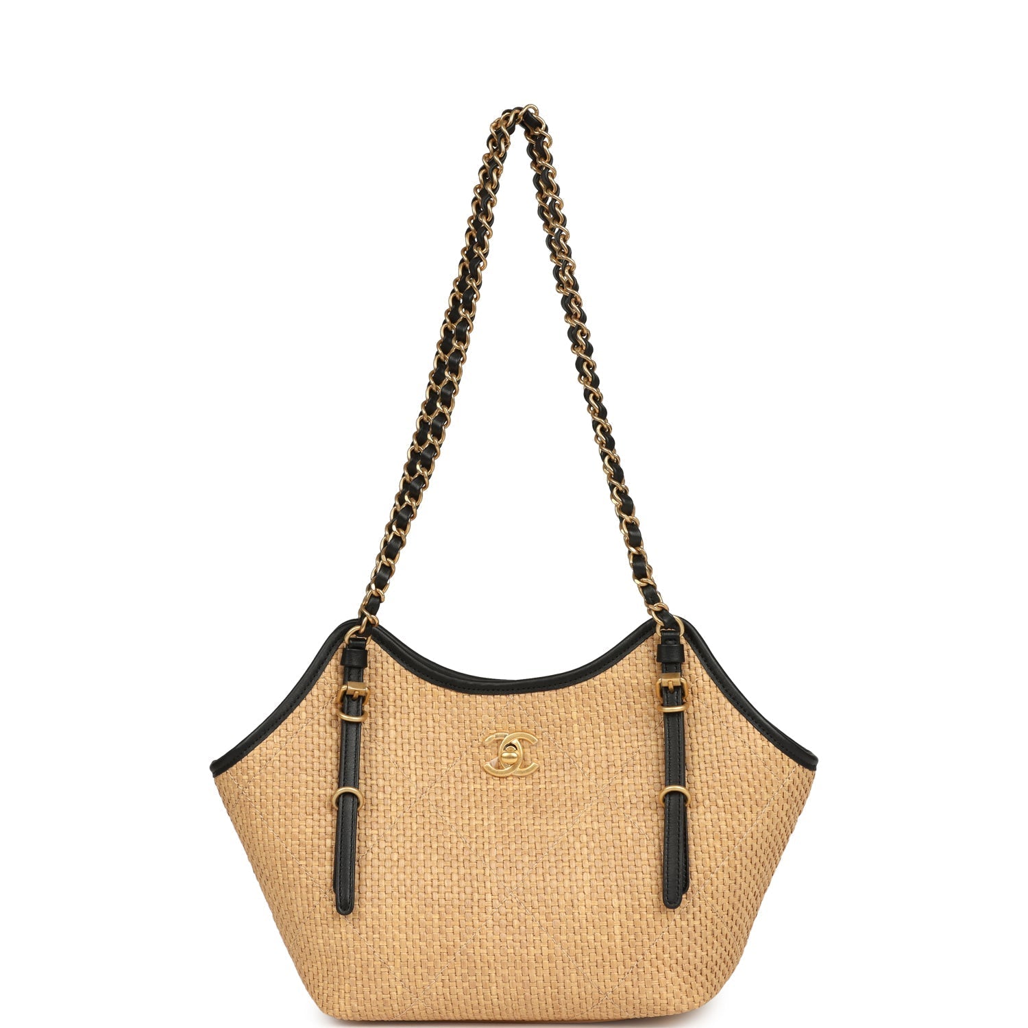 Small Coco Shopping Bag Raffia and Black Calfskin Antique Gold Hardware