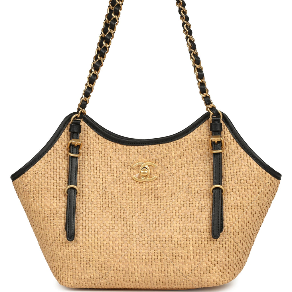 Small Coco Shopping Bag Raffia and Black Calfskin Antique Gold Hardware