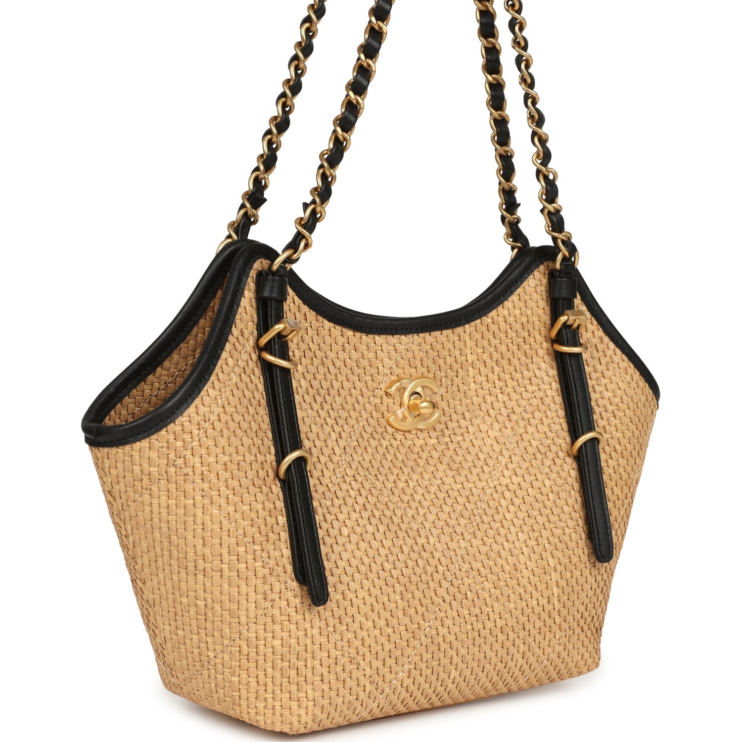 Small Coco Shopping Bag Raffia and Black Calfskin Antique Gold Hardware