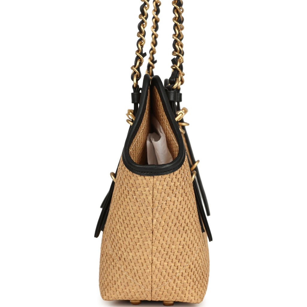 Small Coco Shopping Bag Raffia and Black Calfskin Antique Gold Hardware