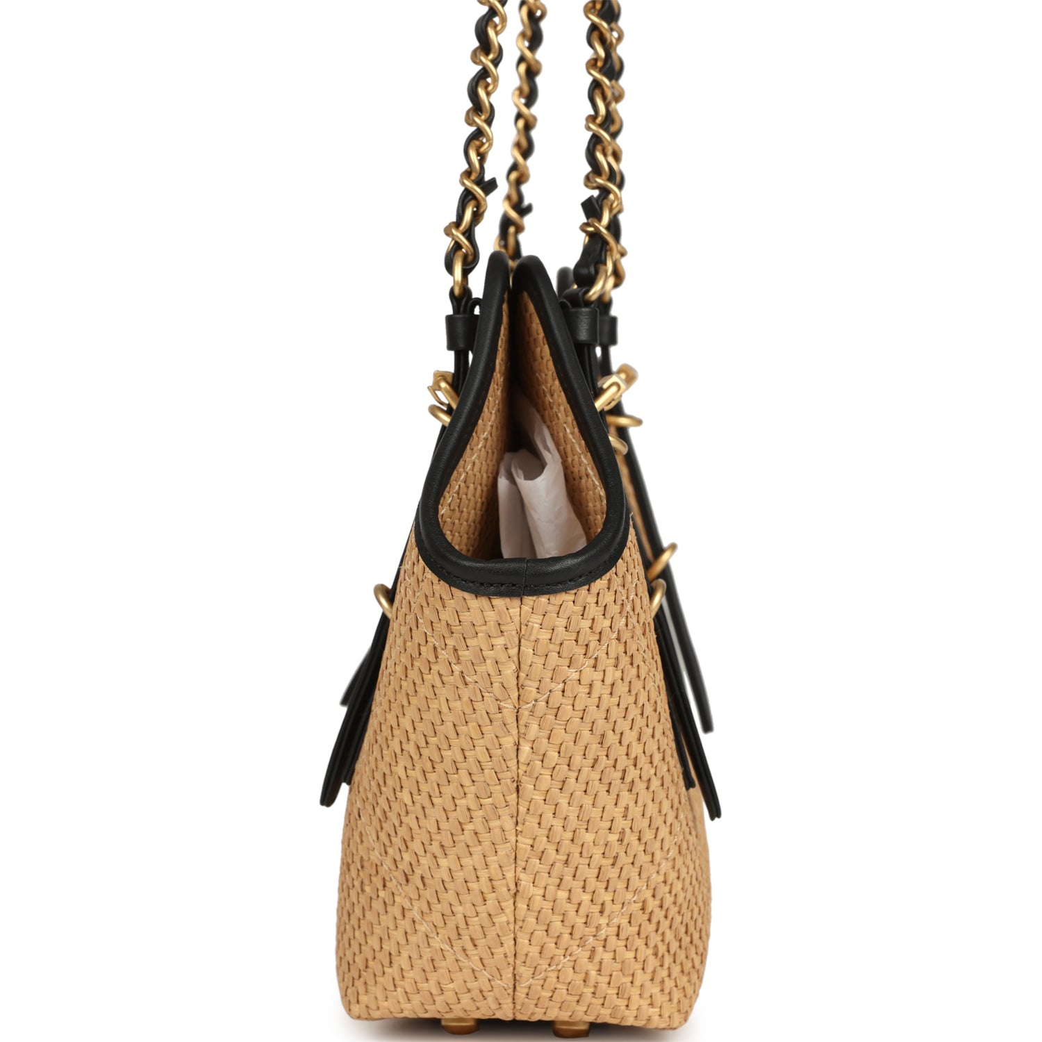Small Coco Shopping Bag Raffia and Black Calfskin Antique Gold Hardware