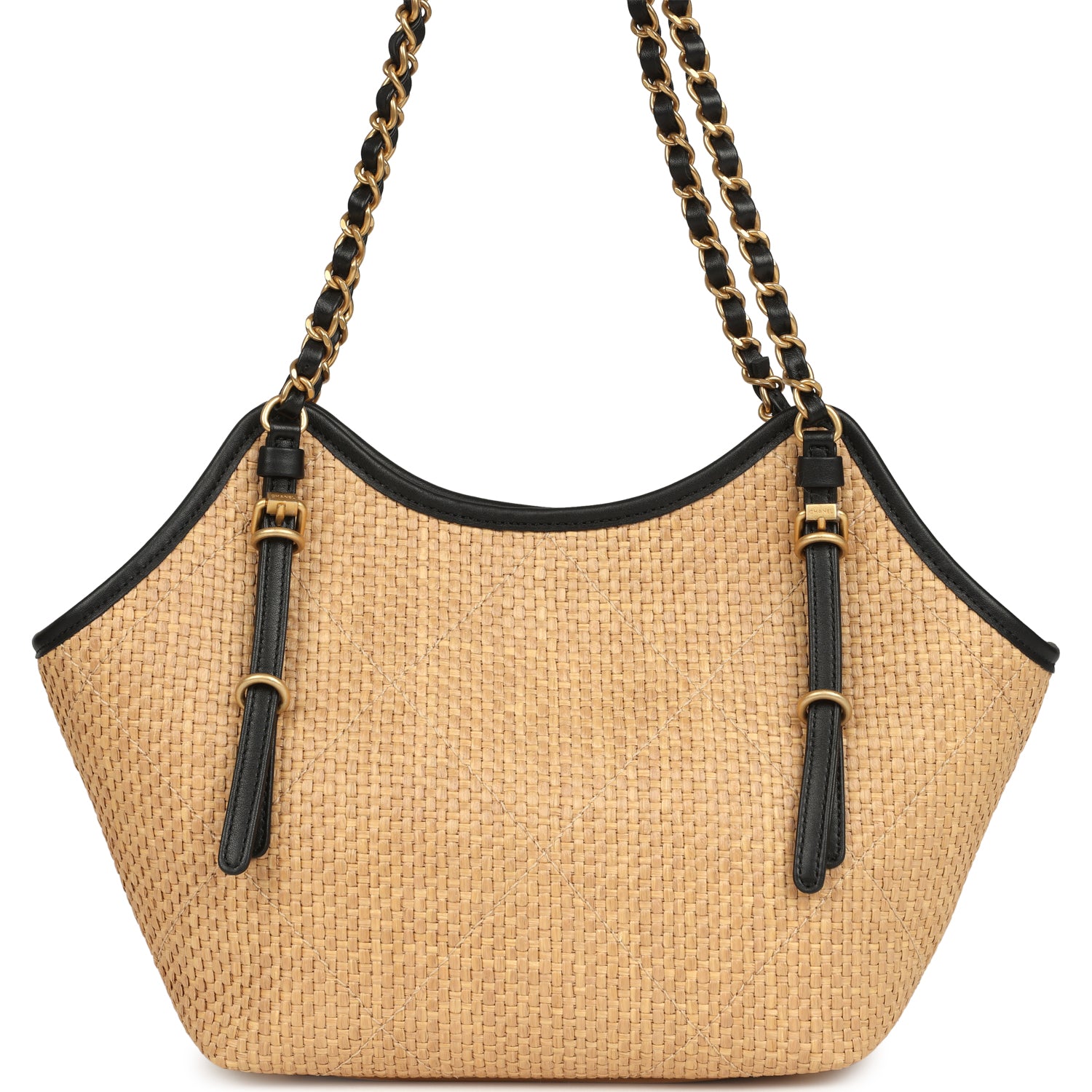 Small Coco Shopping Bag Raffia and Black Calfskin Antique Gold Hardware