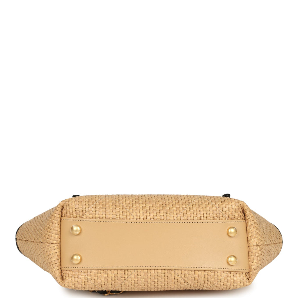 Small Coco Shopping Bag Raffia and Black Calfskin Antique Gold Hardware