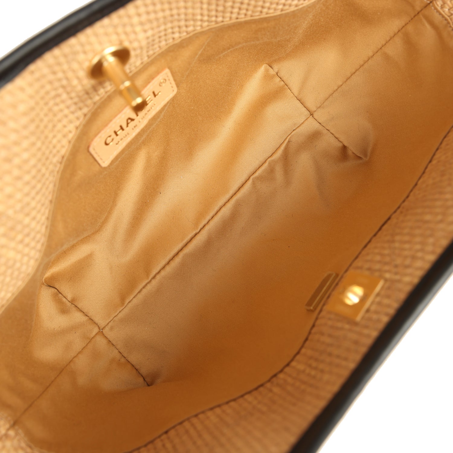 Small Coco Shopping Bag Raffia and Black Calfskin Antique Gold Hardware
