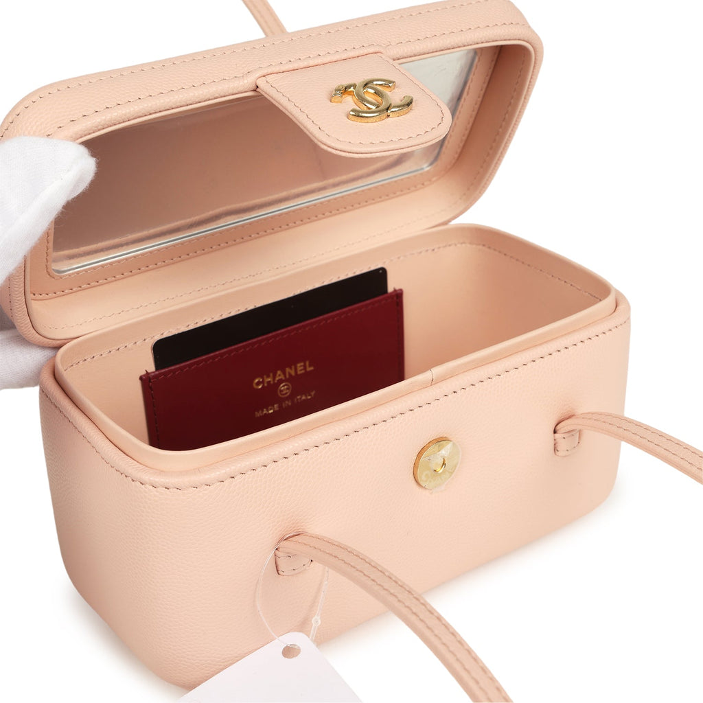 Preppy Coco Long Vanity with Straps Light Pink Shiny Caviar Brushed Gold Hardware