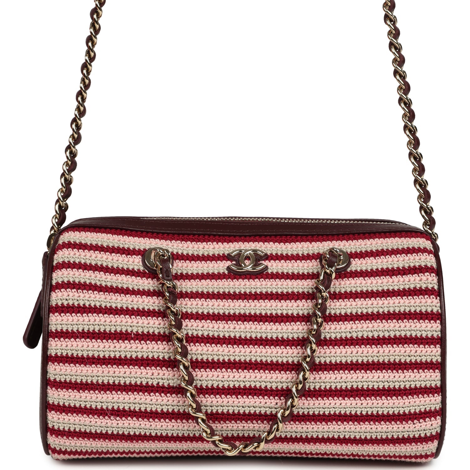 Mini Timeless Classic Barrel Bag with Chain Burgundy Multi Crochet and Burgundy Lambskin Light Gold Hardware