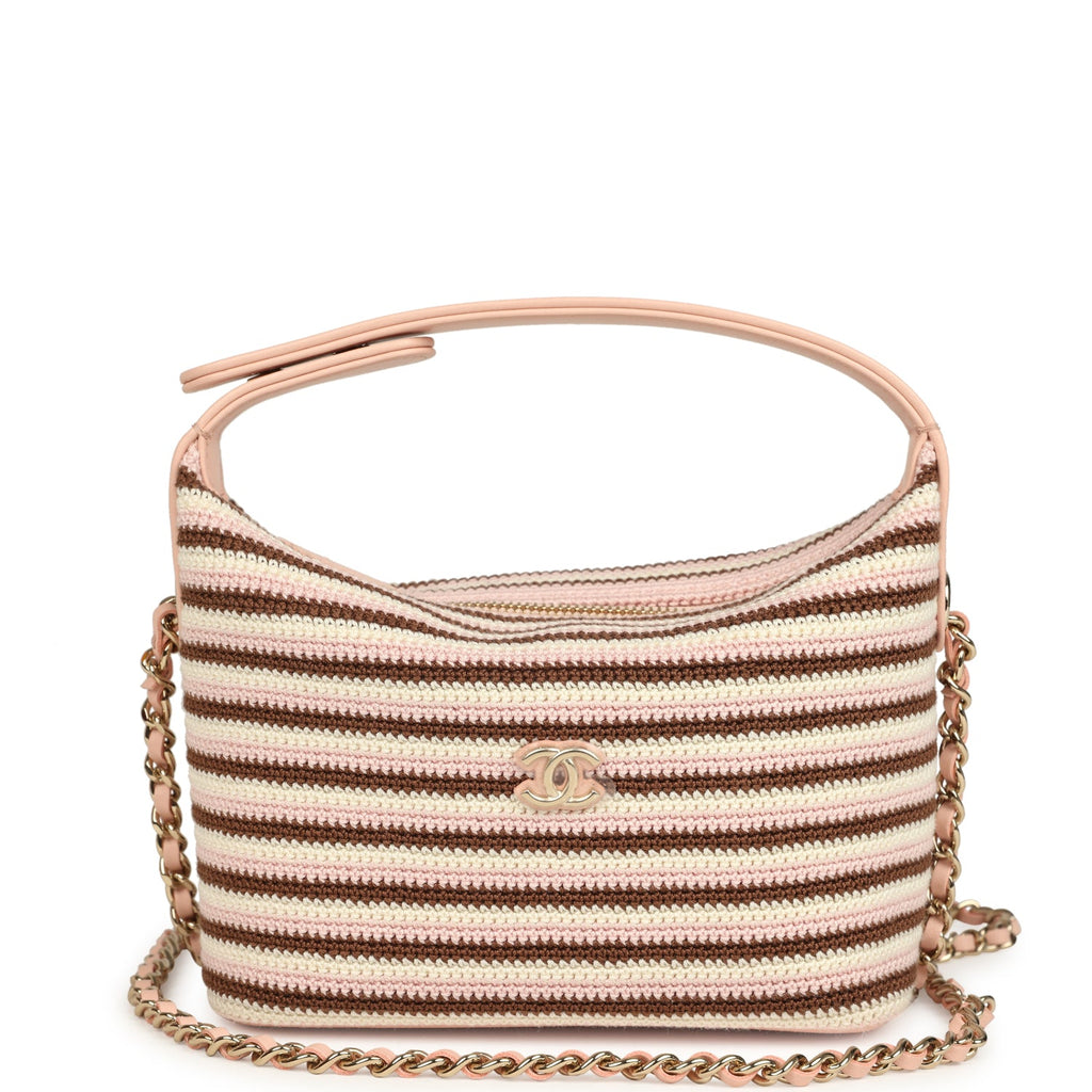 Mini Hobo Pouch with Chain Light Pink, Brown and White Crochet and Lambskin Light Gold Hardware