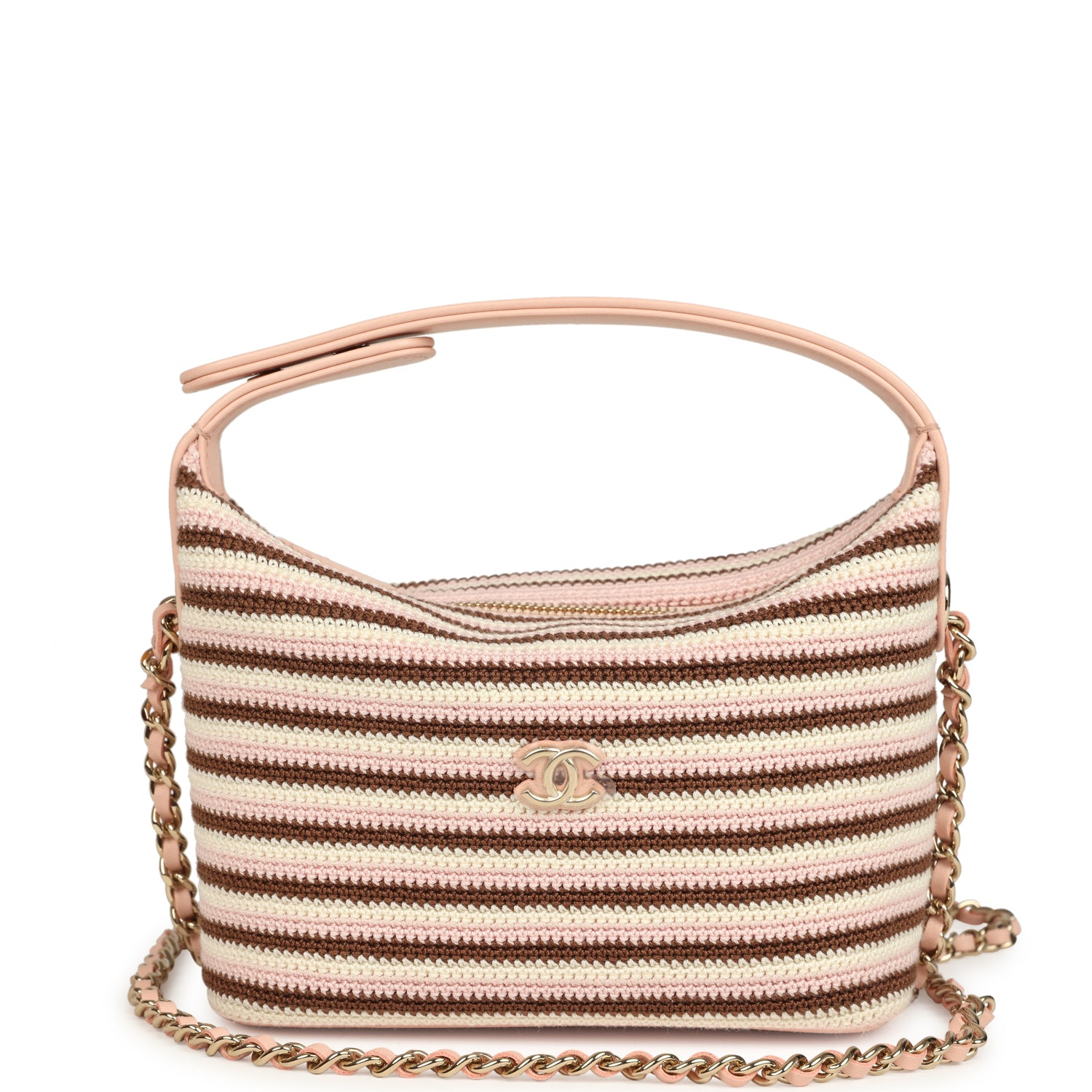 Mini Hobo Pouch with Chain Light Pink, Brown and White Crochet and Lambskin Light Gold Hardware