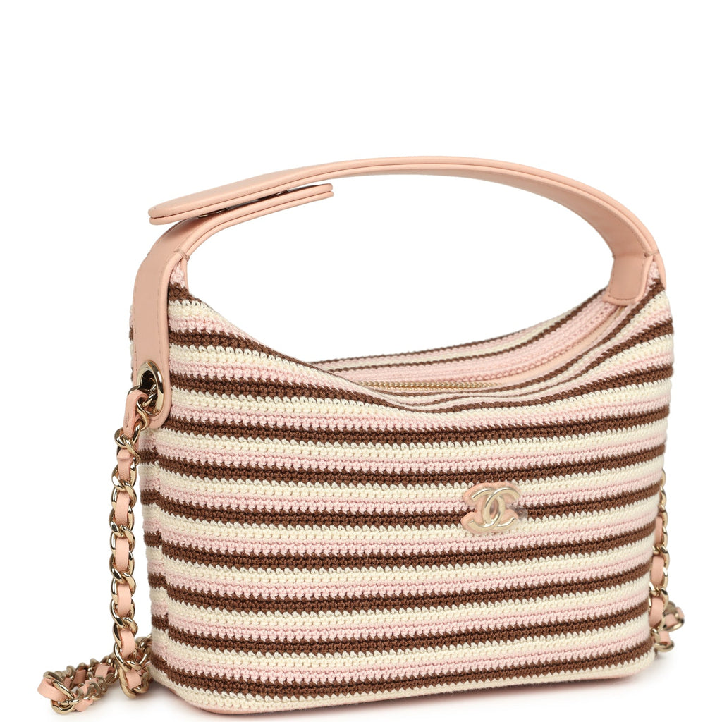 Mini Hobo Pouch with Chain Light Pink, Brown and White Crochet and Lambskin Light Gold Hardware
