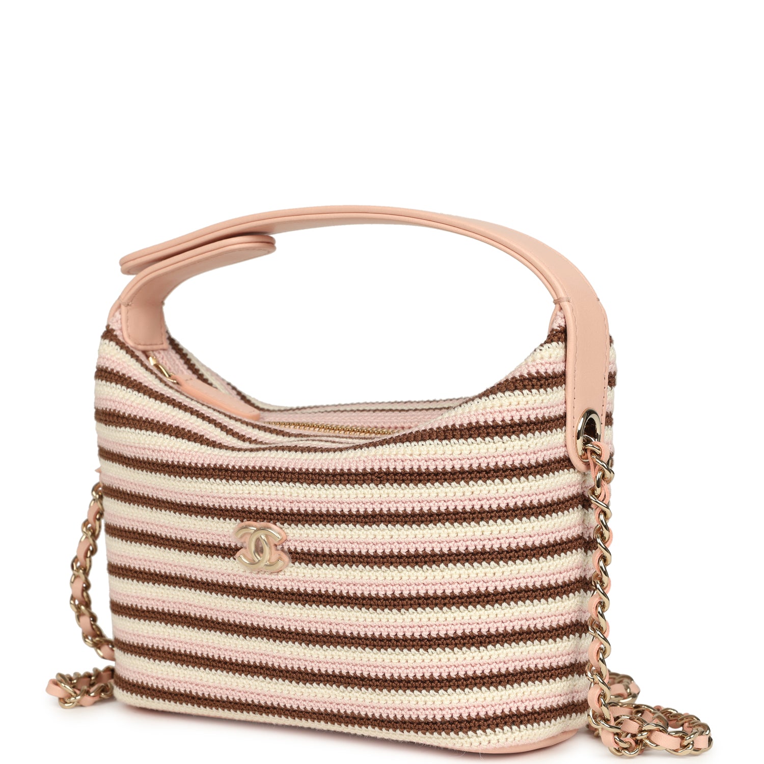 Mini Hobo Pouch with Chain Light Pink, Brown and White Crochet and Lambskin Light Gold Hardware