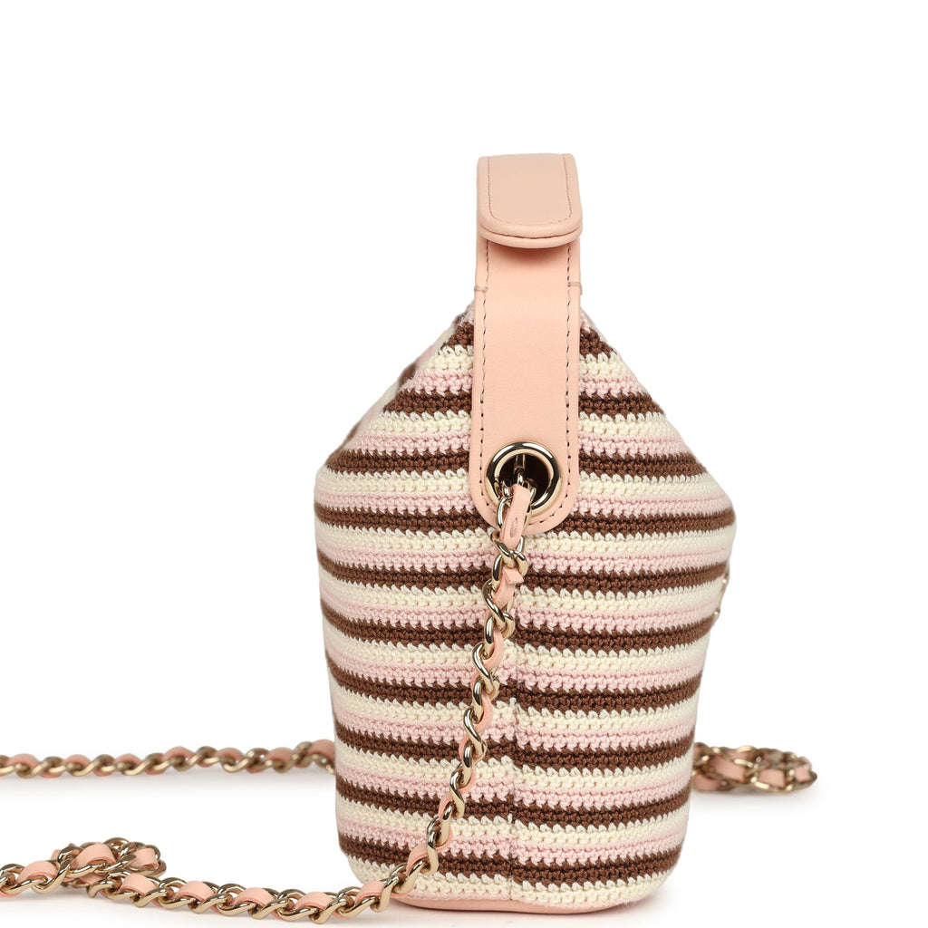 Mini Hobo Pouch with Chain Light Pink, Brown and White Crochet and Lambskin Light Gold Hardware