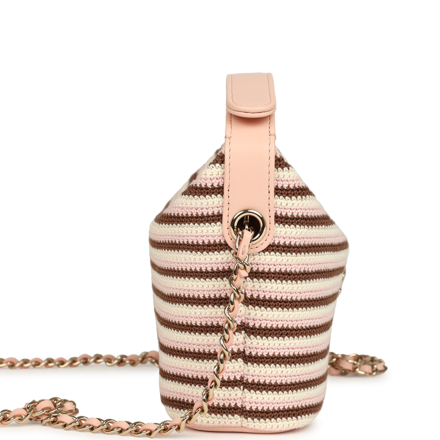 Mini Hobo Pouch with Chain Light Pink, Brown and White Crochet and Lambskin Light Gold Hardware