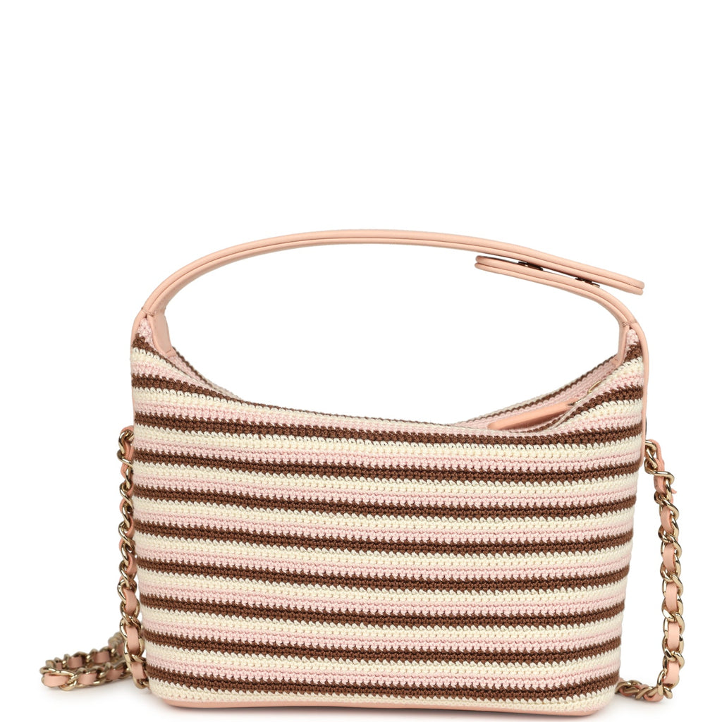 Mini Hobo Pouch with Chain Light Pink, Brown and White Crochet and Lambskin Light Gold Hardware