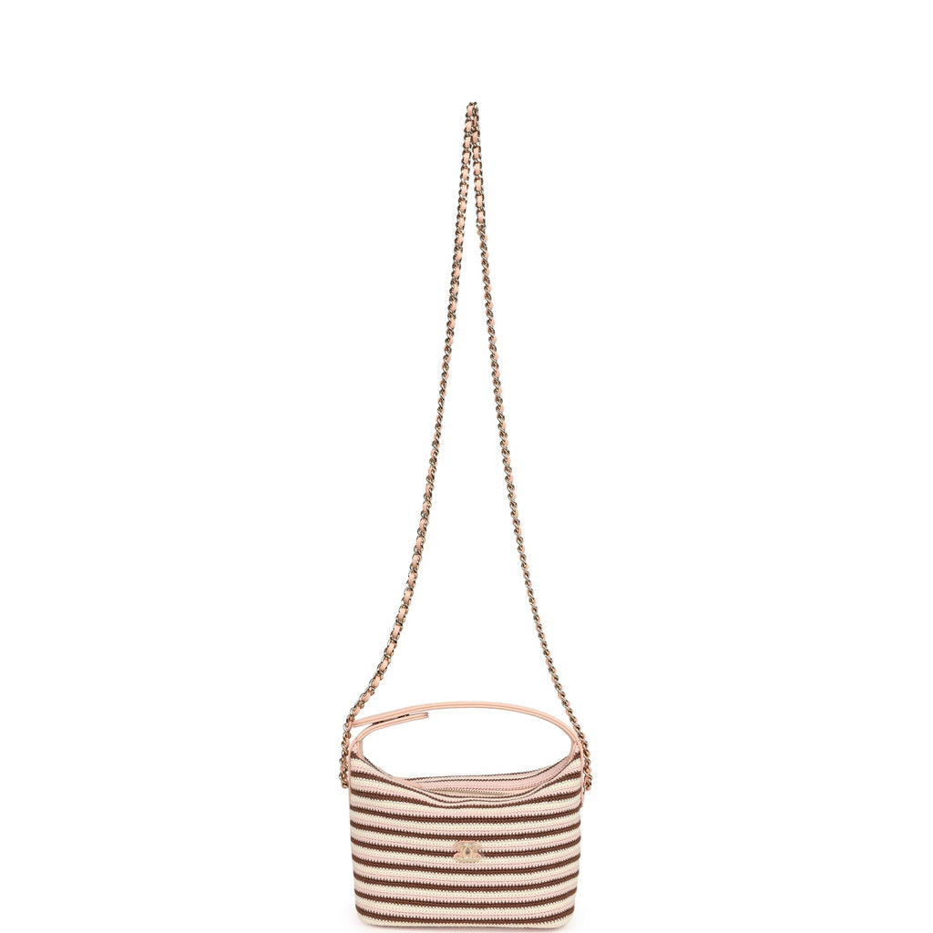 Mini Hobo Pouch with Chain Light Pink, Brown and White Crochet and Lambskin Light Gold Hardware