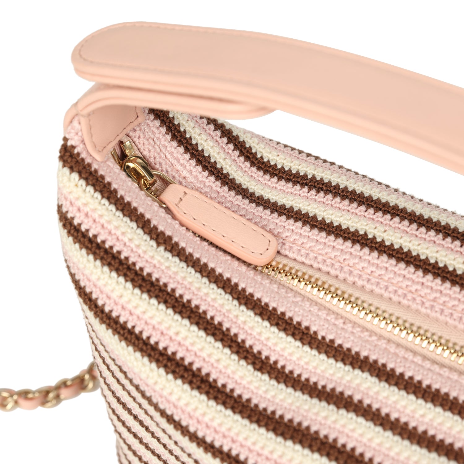 Mini Hobo Pouch with Chain Light Pink, Brown and White Crochet and Lambskin Light Gold Hardware