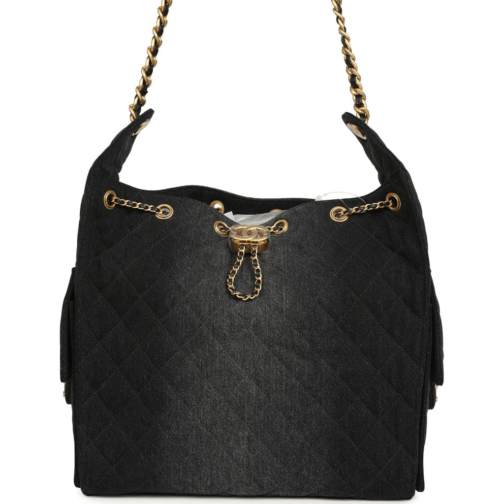 Medium 25 Hobo Bag Black Washed Denim Antique Gold Hardware