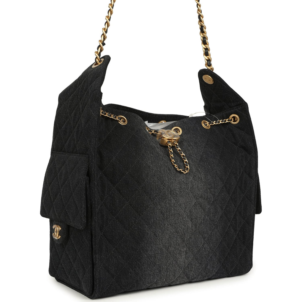 Medium 25 Hobo Bag Black Washed Denim Antique Gold Hardware