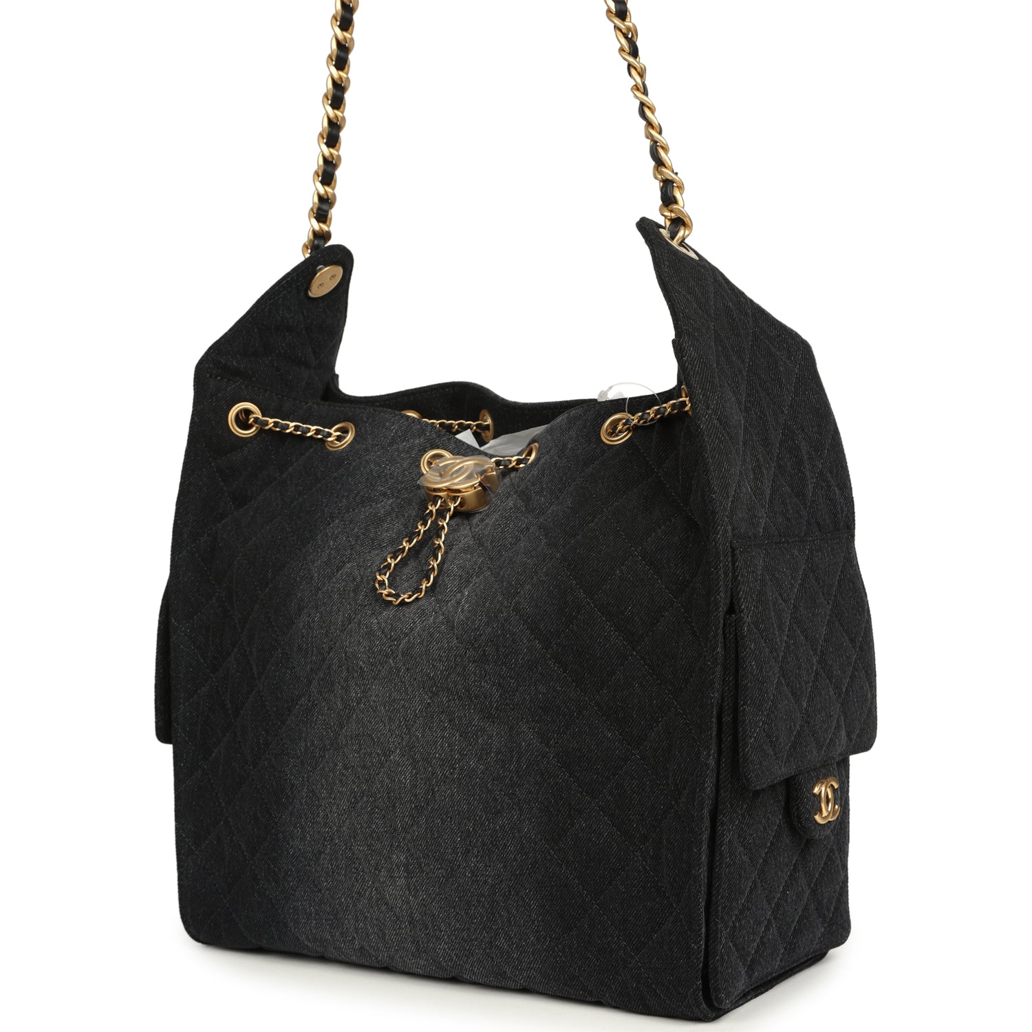 Medium 25 Hobo Bag Black Washed Denim Antique Gold Hardware
