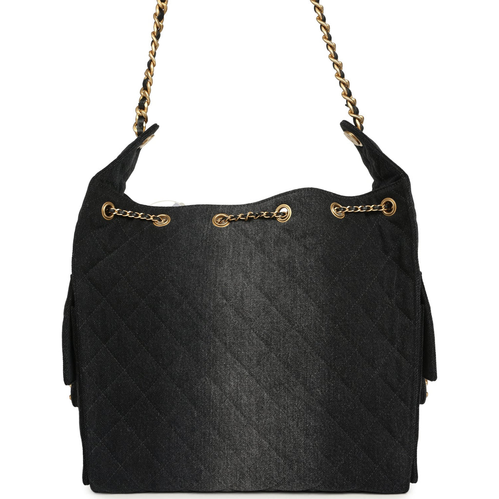 Medium 25 Hobo Bag Black Washed Denim Antique Gold Hardware