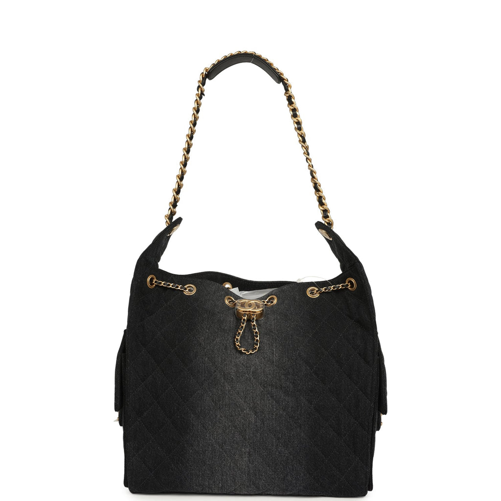 Medium 25 Hobo Bag Black Washed Denim Antique Gold Hardware