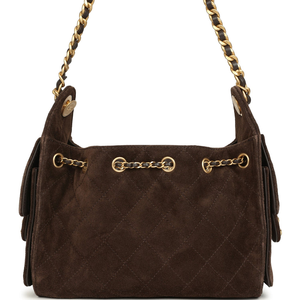 Mini 25 Hobo Bag Dark Brown Suede Antique Gold Hardware