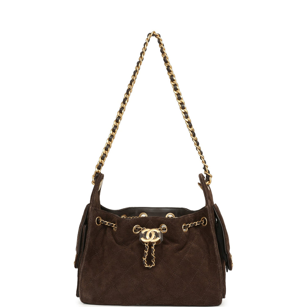 Mini 25 Hobo Bag Dark Brown Suede Antique Gold Hardware
