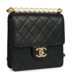 Chic Pearls Flap Bag Black Calfskin Brushed Gold Hardware