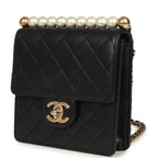 Chic Pearls Flap Bag Black Calfskin Brushed Gold Hardware