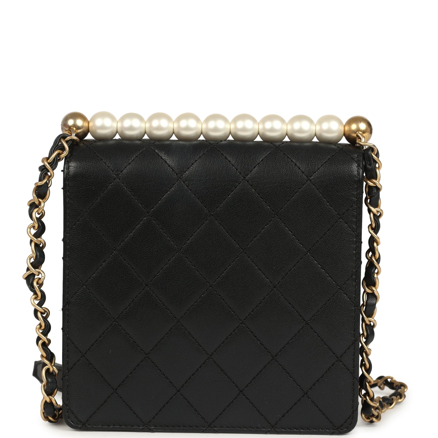 Chic Pearls Flap Bag Black Calfskin Brushed Gold Hardware
