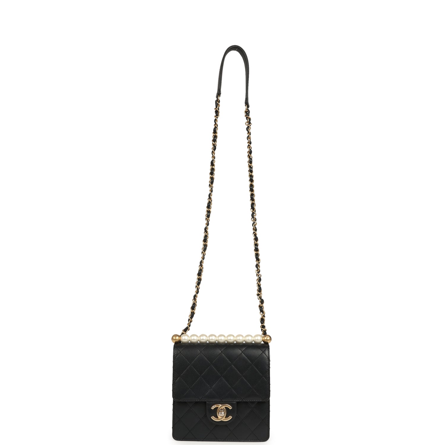 Chic Pearls Flap Bag Black Calfskin Brushed Gold Hardware