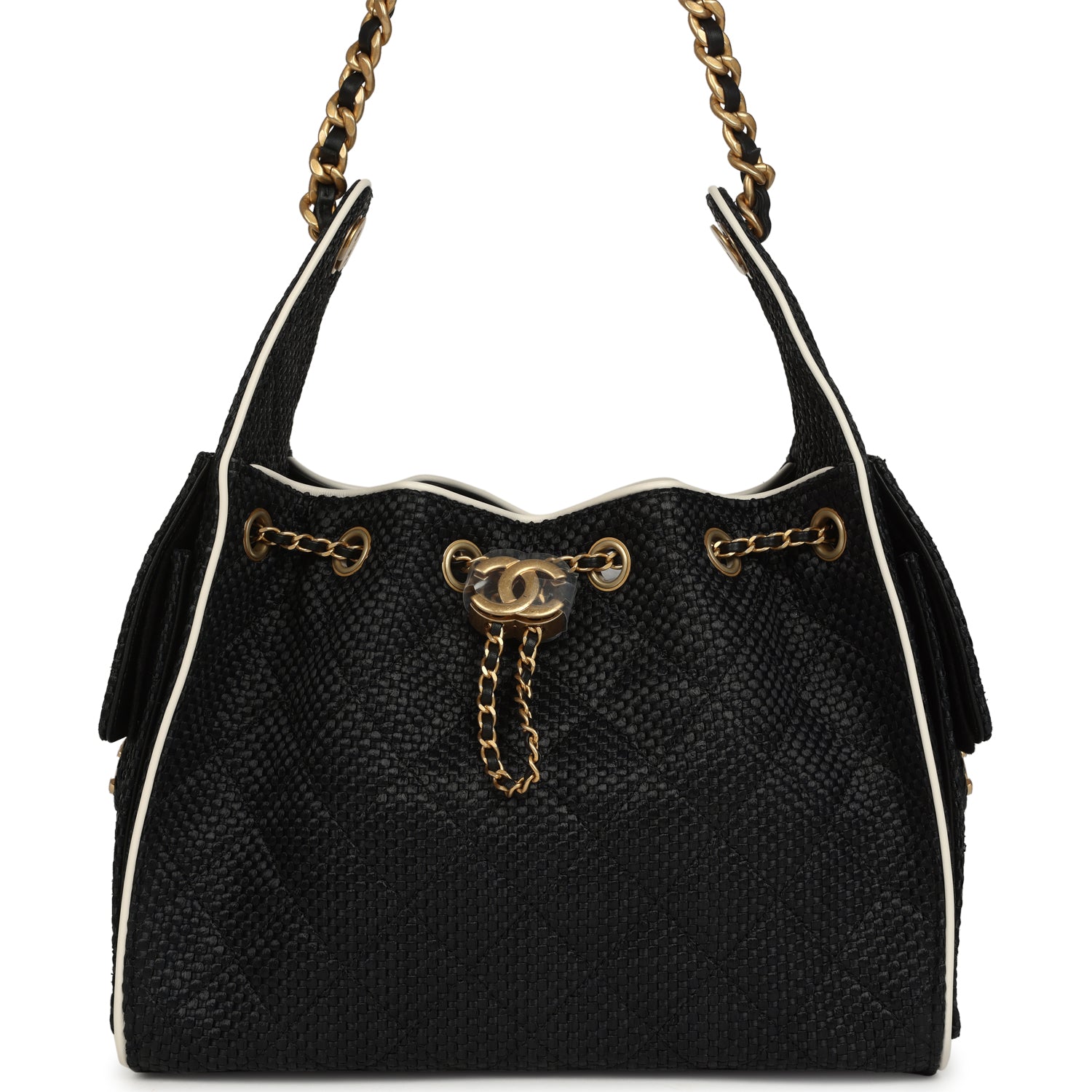 Small 25 Hobo Bag Black Raffia and White Calfskin Antique Gold Hardware
