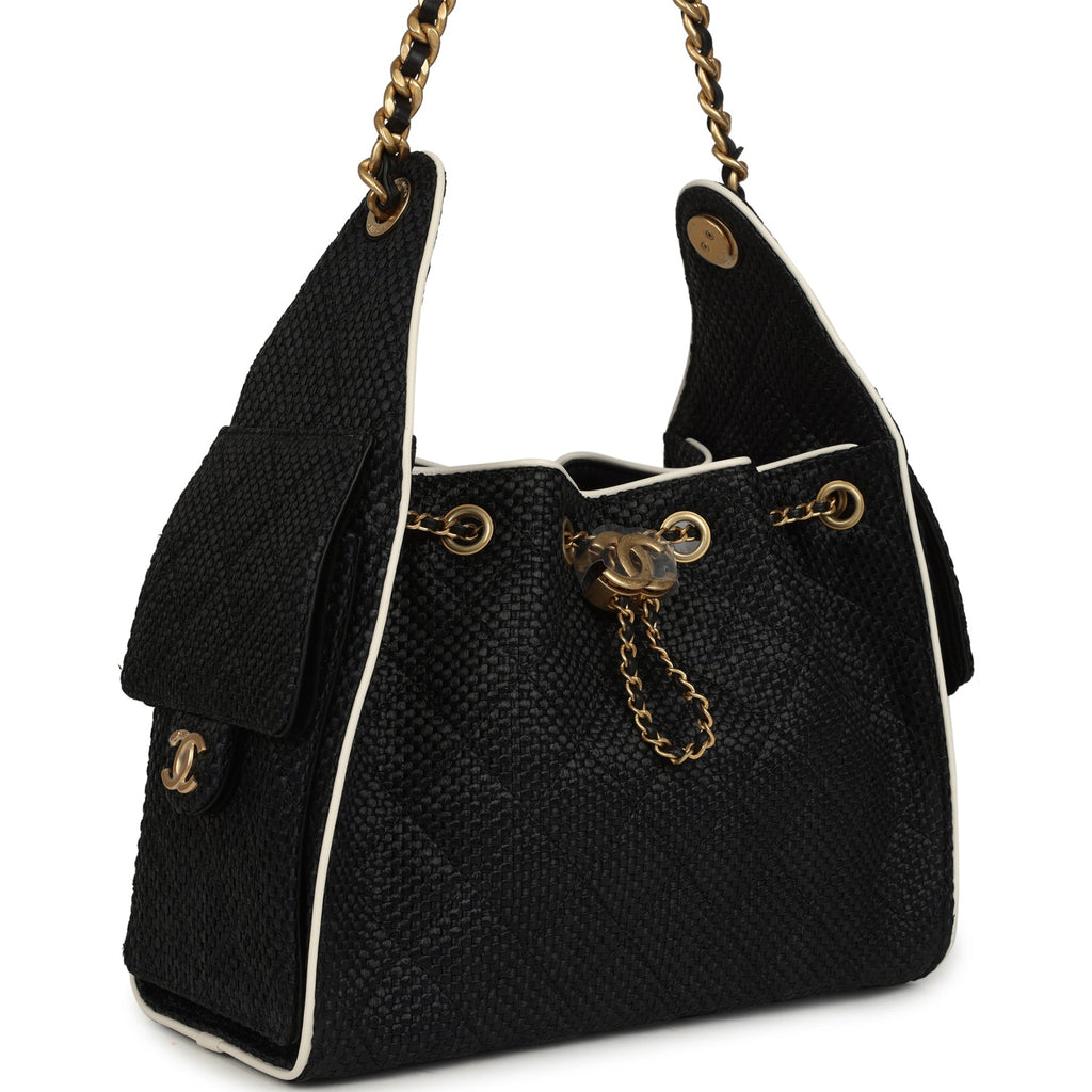 Small 25 Hobo Bag Black Raffia and White Calfskin Antique Gold Hardware