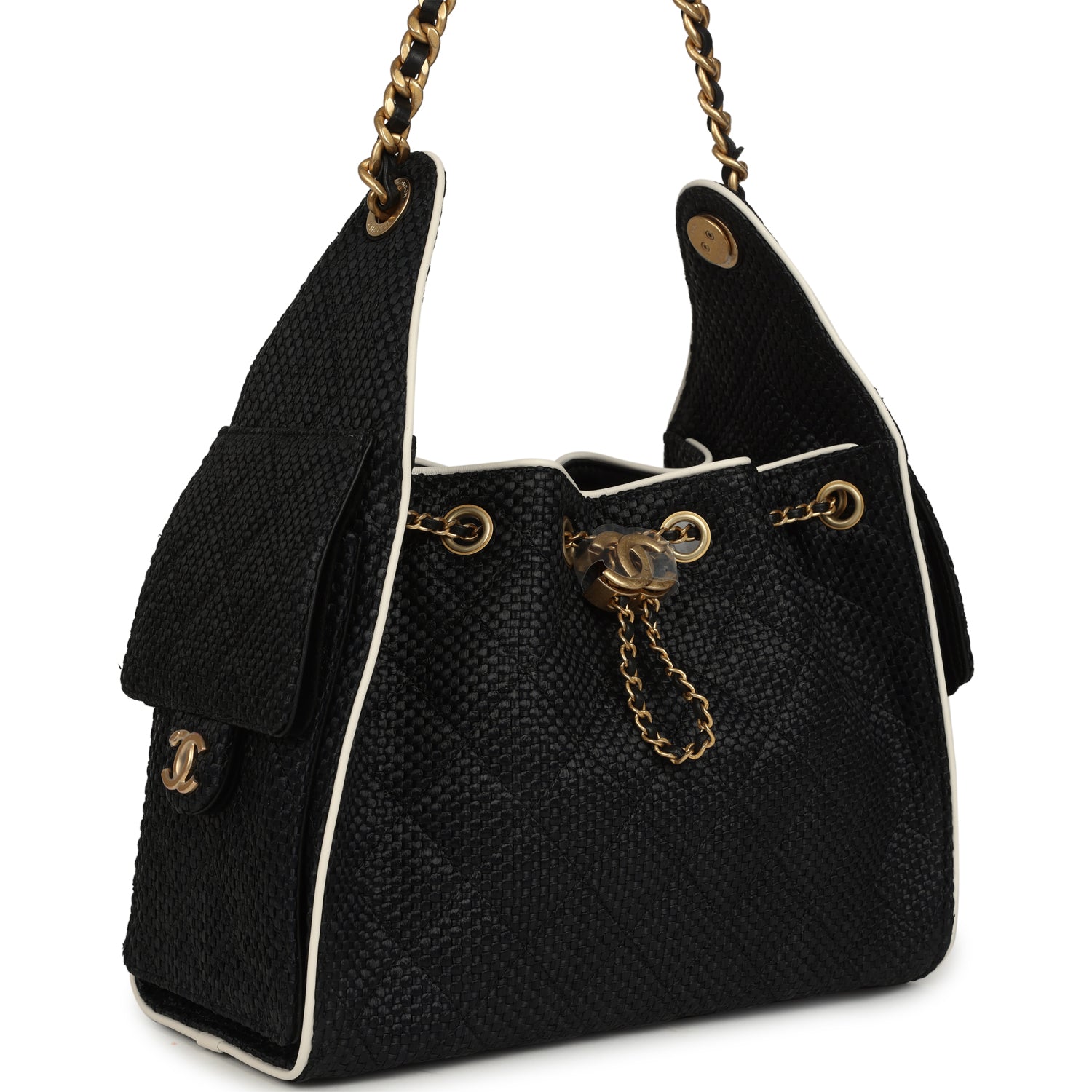 Small 25 Hobo Bag Black Raffia and White Calfskin Antique Gold Hardware