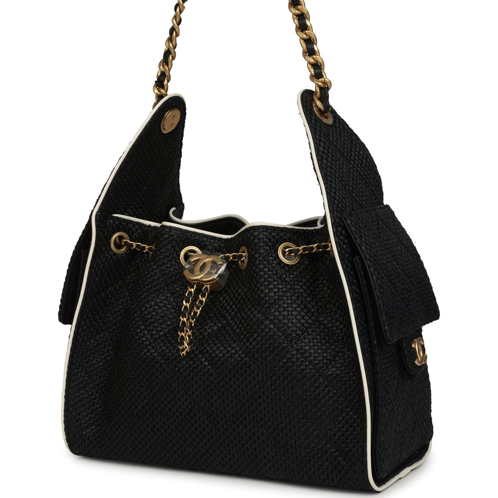 Small 25 Hobo Bag Black Raffia and White Calfskin Antique Gold Hardware