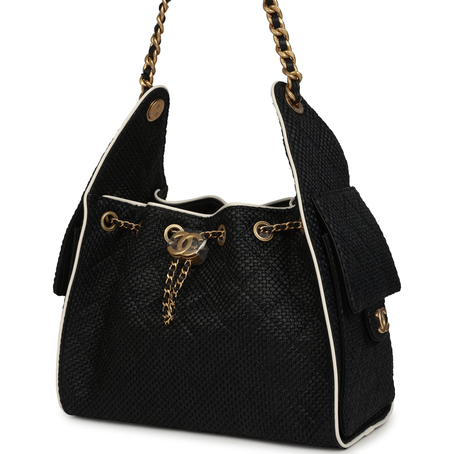 Small 25 Hobo Bag Black Raffia and White Calfskin Antique Gold Hardware