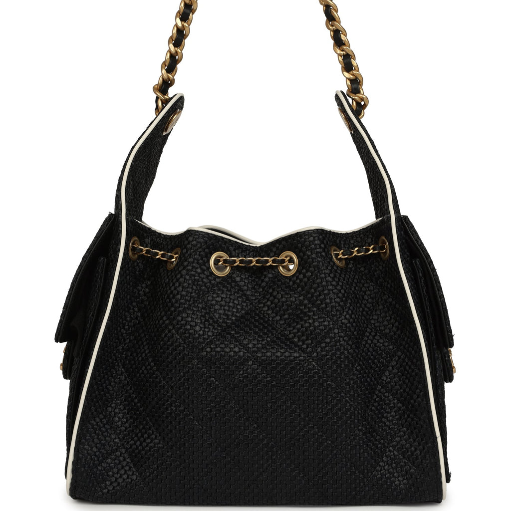 Small 25 Hobo Bag Black Raffia and White Calfskin Antique Gold Hardware