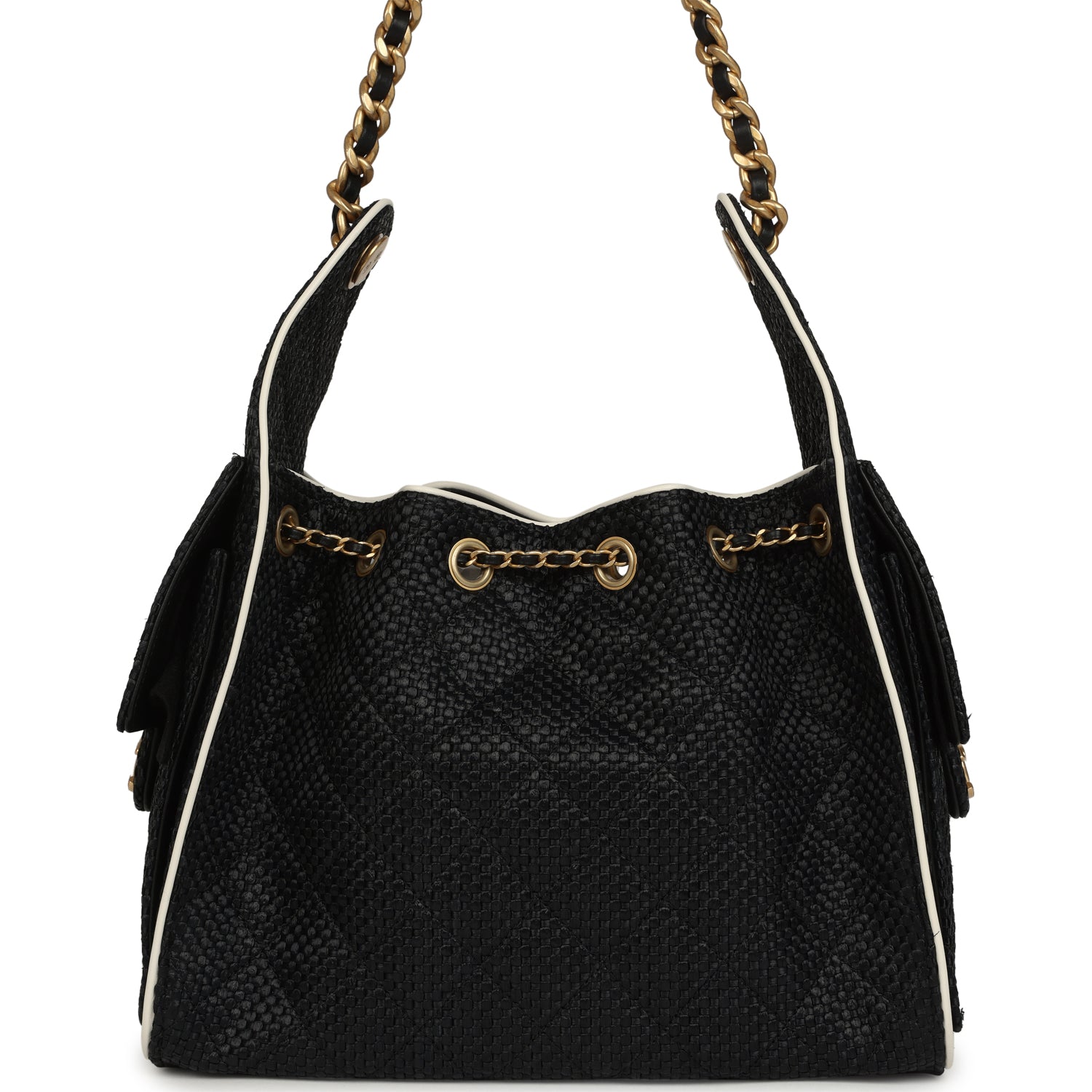 Small 25 Hobo Bag Black Raffia and White Calfskin Antique Gold Hardware
