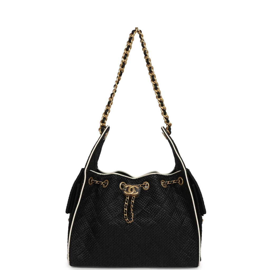Small 25 Hobo Bag Black Raffia and White Calfskin Antique Gold Hardware