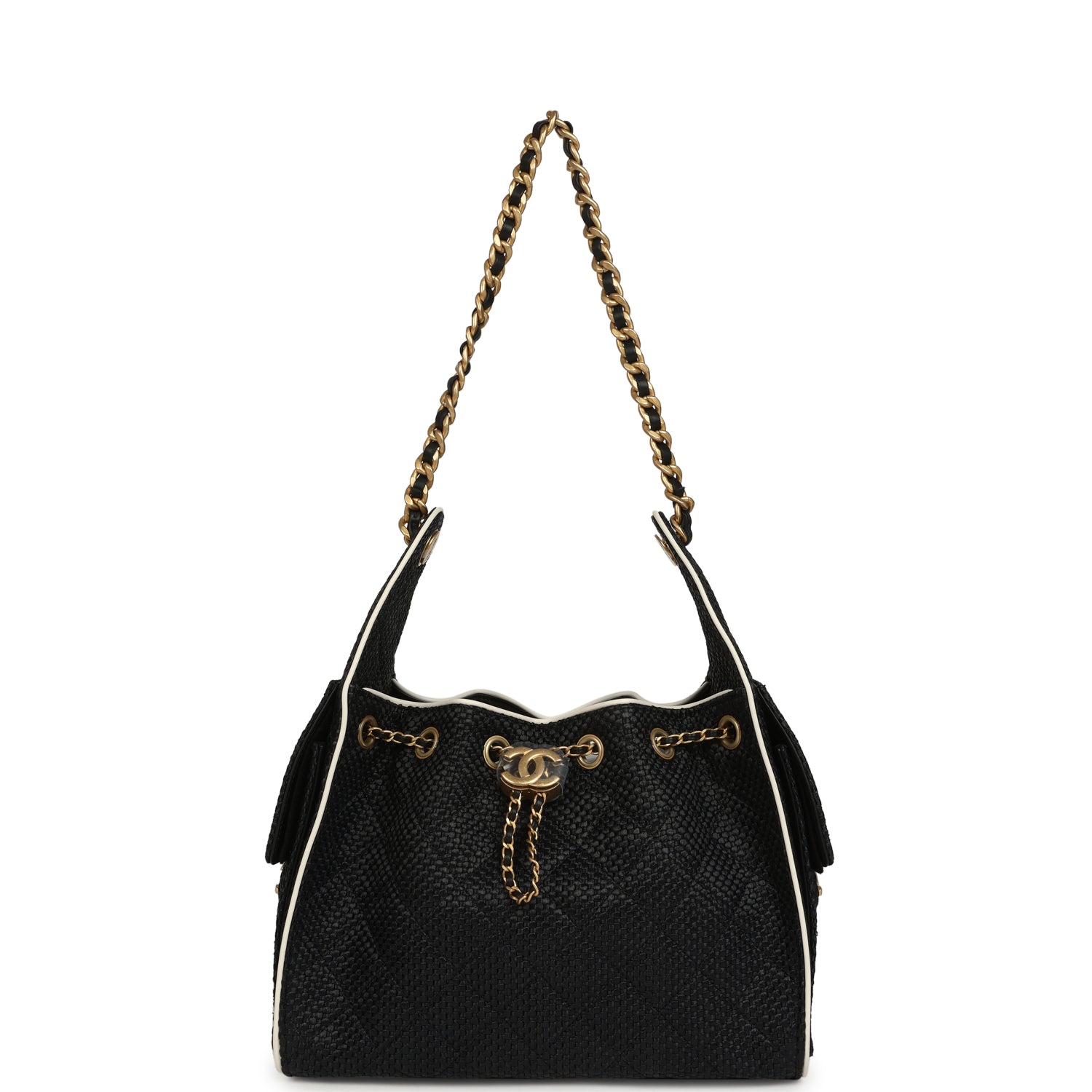 Small 25 Hobo Bag Black Raffia and White Calfskin Antique Gold Hardware