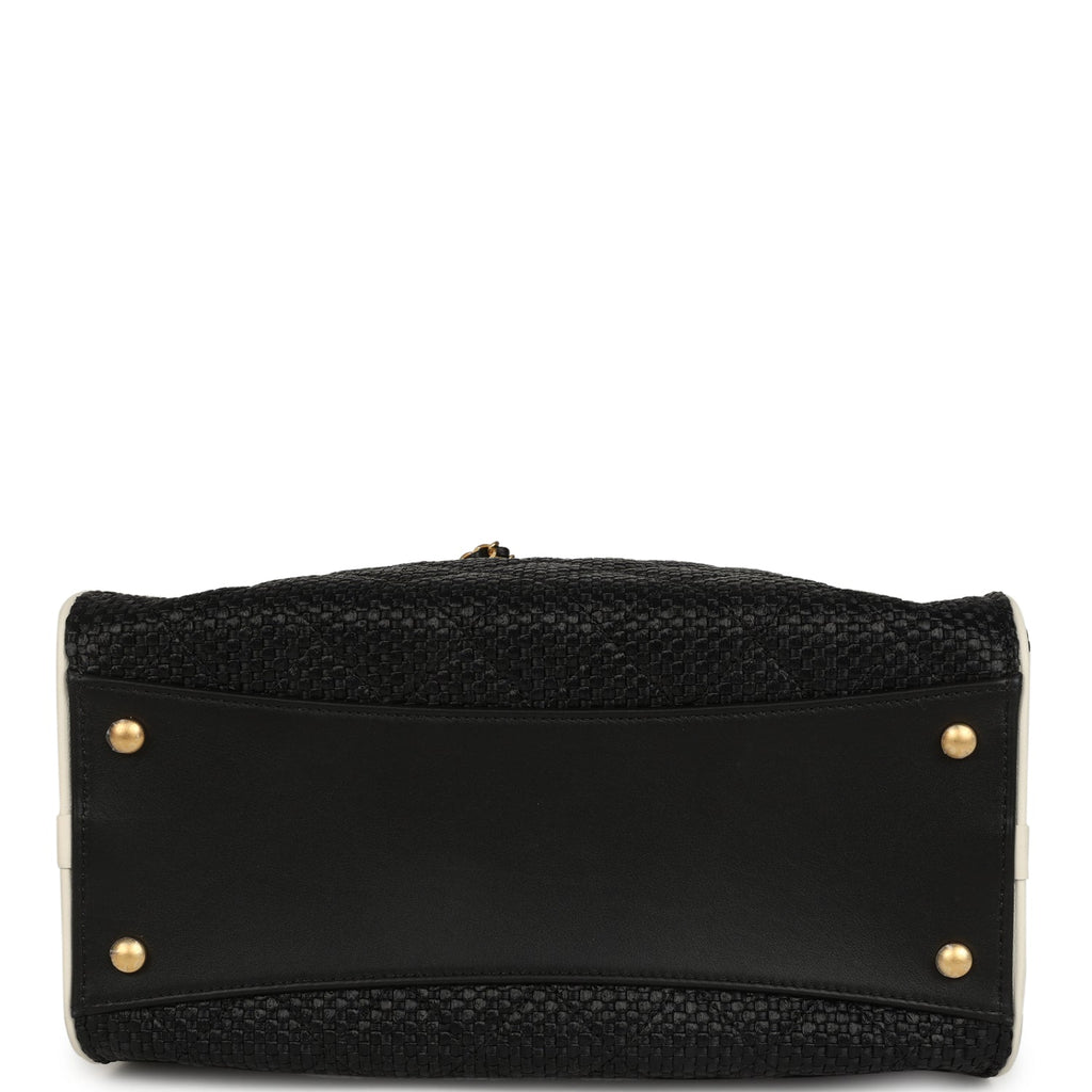 Small 25 Hobo Bag Black Raffia and White Calfskin Antique Gold Hardware