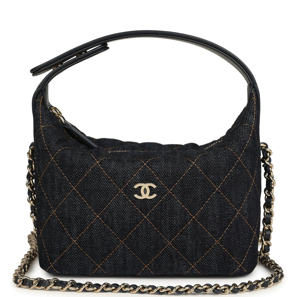 Mini Hobo Pouch with Chain Dark Blue Denim and Leather Light Gold Hardware