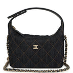 Mini Hobo Pouch with Chain Dark Blue Denim and Leather Light Gold Hardware