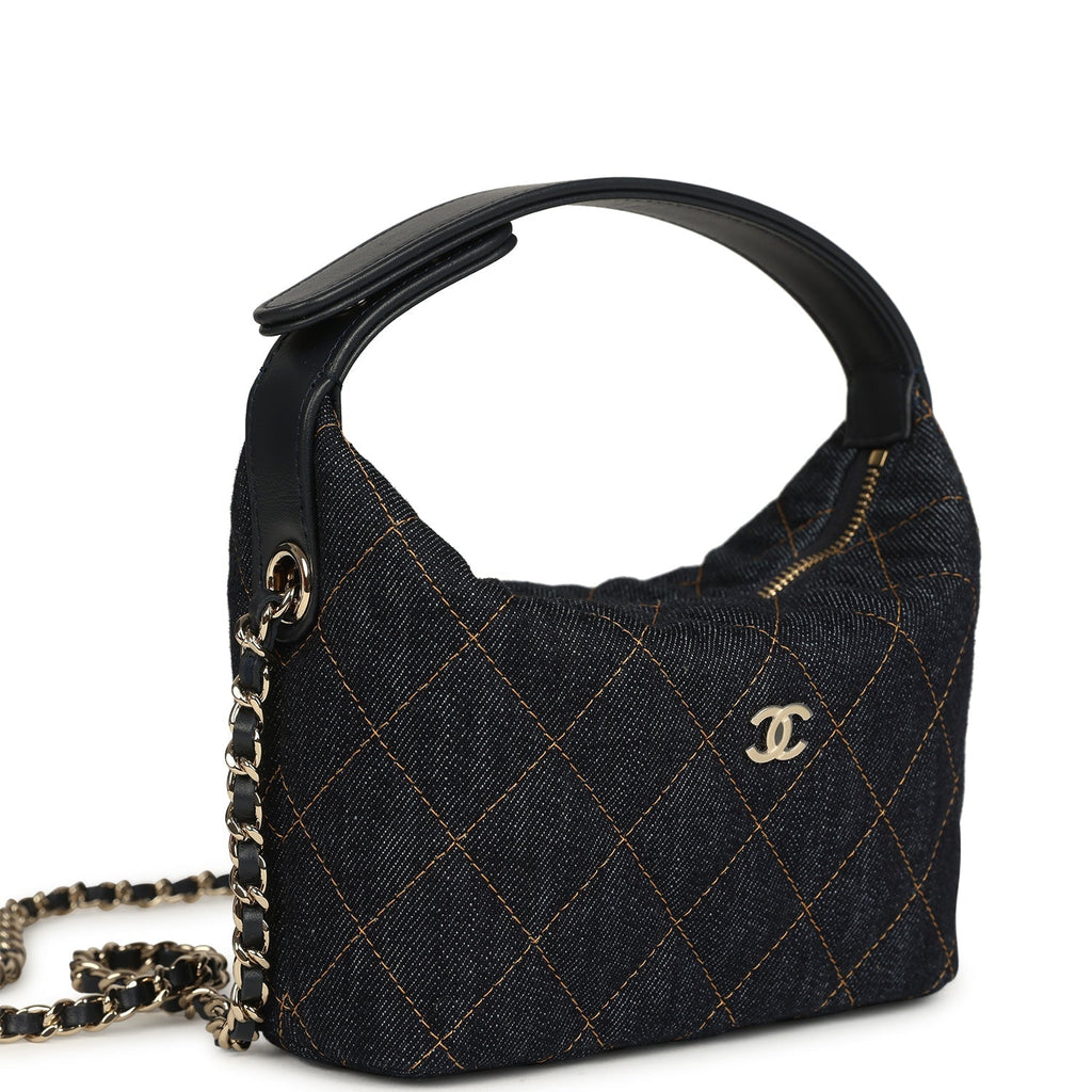 Mini Hobo Pouch with Chain Dark Blue Denim and Leather Light Gold Hardware