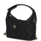 Mini Hobo Pouch with Chain Dark Blue Denim and Leather Light Gold Hardware