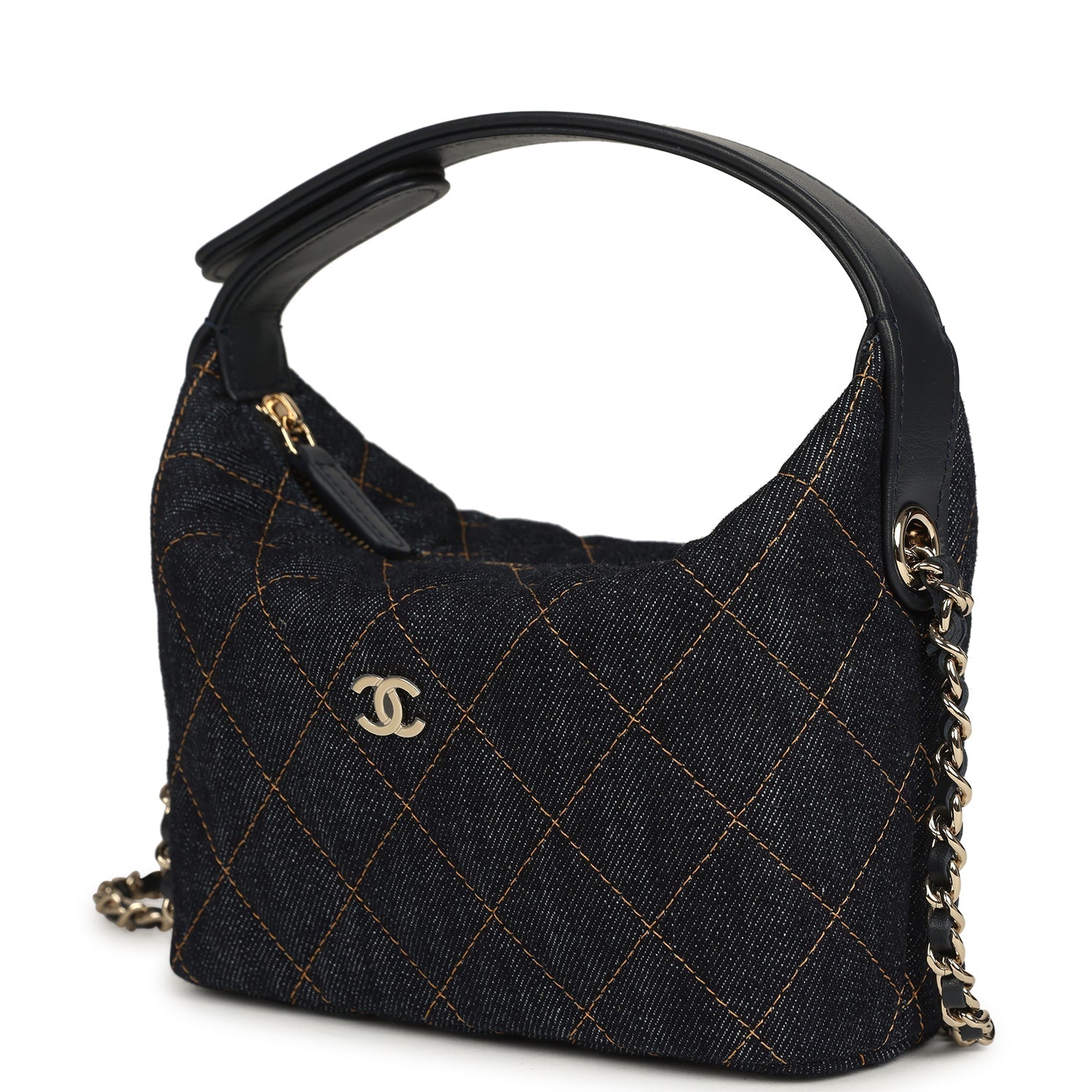 Mini Hobo Pouch with Chain Dark Blue Denim and Leather Light Gold Hardware
